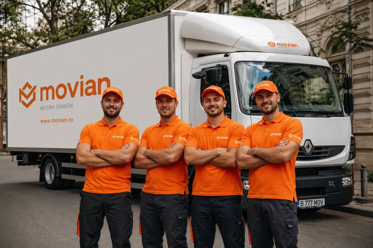 Echipa ExpertMove în uniforme portocalii, în fața camionului de mutări